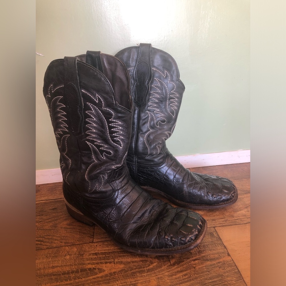 Mens Exotic Black Cowboy Boots Alligator Skin Sz 10.5 Square Toe Pull On *flaws